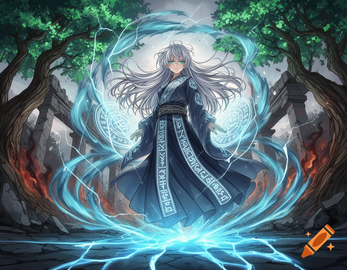 A white-haired anime woman in a dark robe unleashes blue magic with glowing runes amid ancient ruins and burning trees.