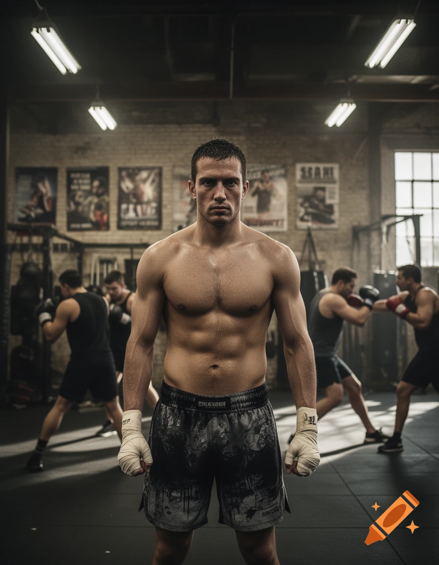 Photorealistic image of a shirtless male fighter with wrapped hands standing in a gym, with other boxers in the background.