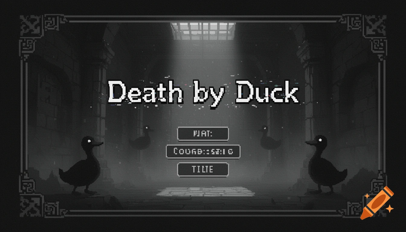 A dark pixel art game menu screen with the title "Death by Duck" and two silhouetted ducks. Below the title are three buttons with garbled text.