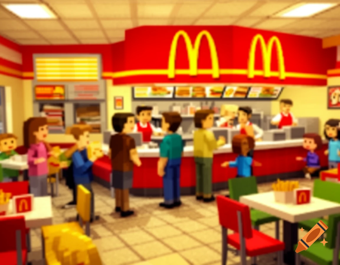 A pixelated interior of a McDonald's restaurant in the PS1 graphics style, with blocky customers and staff.