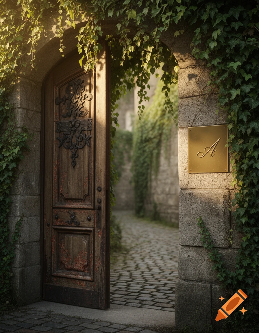A weathered wooden door in an ivy-covered stone archway, with a golden 'A' plaque, opening to a sunlit cobblestone path.