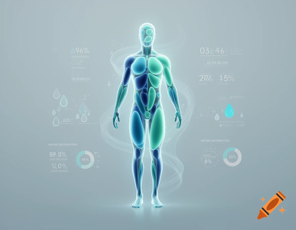Stylized glowing blue and green human body infographic with water distribution percentages and data points on a light background.