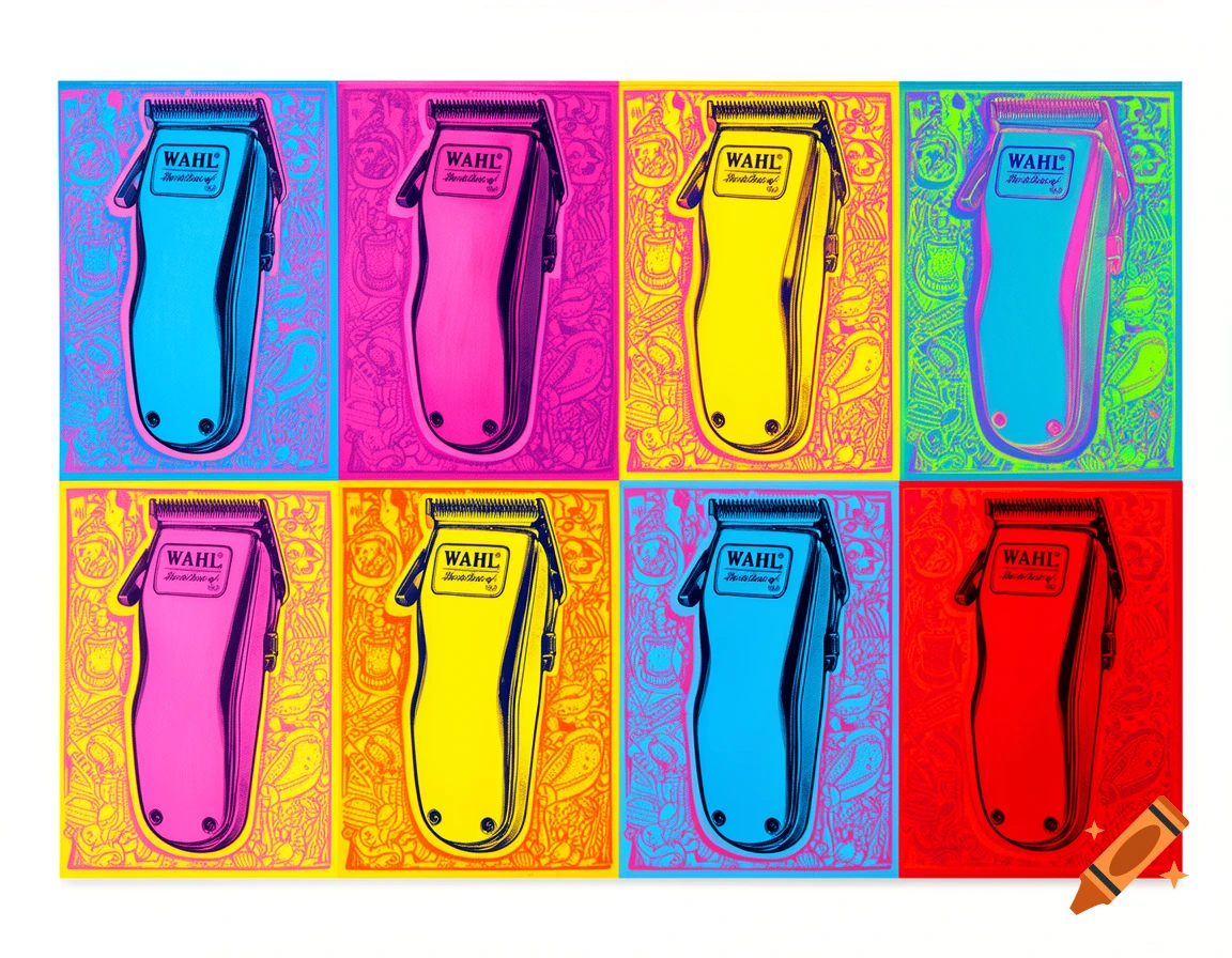 A grid of eight brightly colored hair clippers in a pop art style, each with a different color scheme against a patterned background.