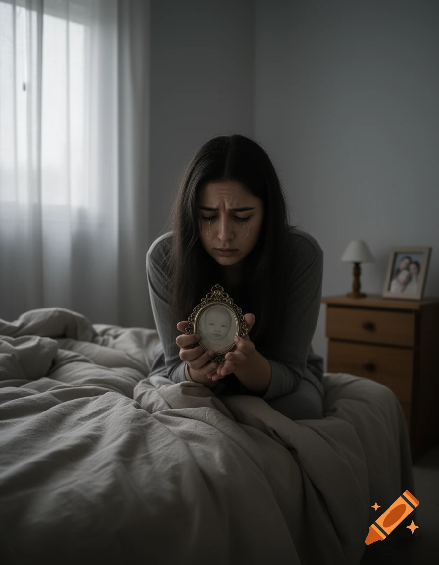 A grieving woman sits on a bed, crying while holding a small framed photo of a baby.