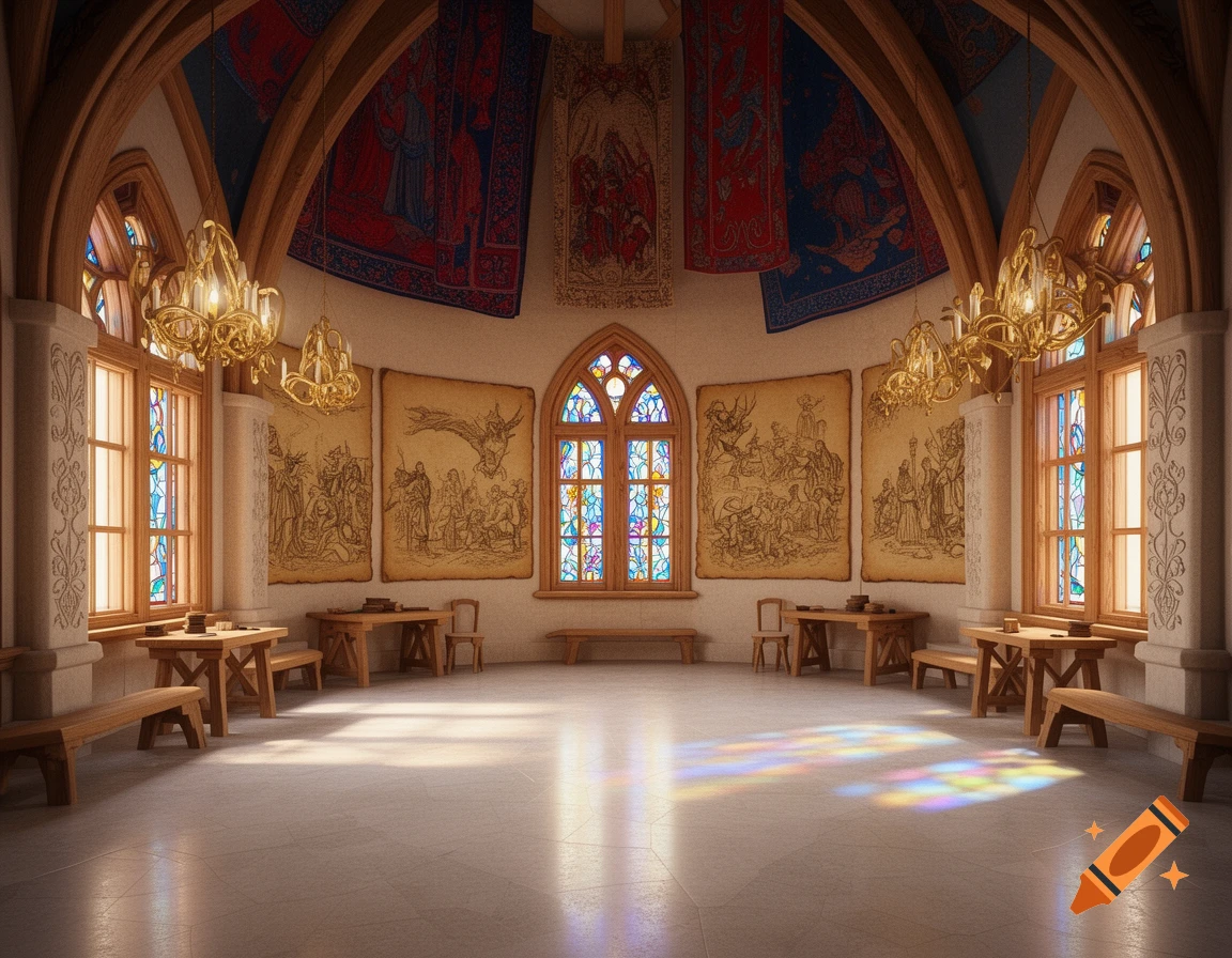 A grand fantasy castle interior with arched wooden ceilings, stained-glass windows, parchment art panels, chandeliers, and wooden tables.