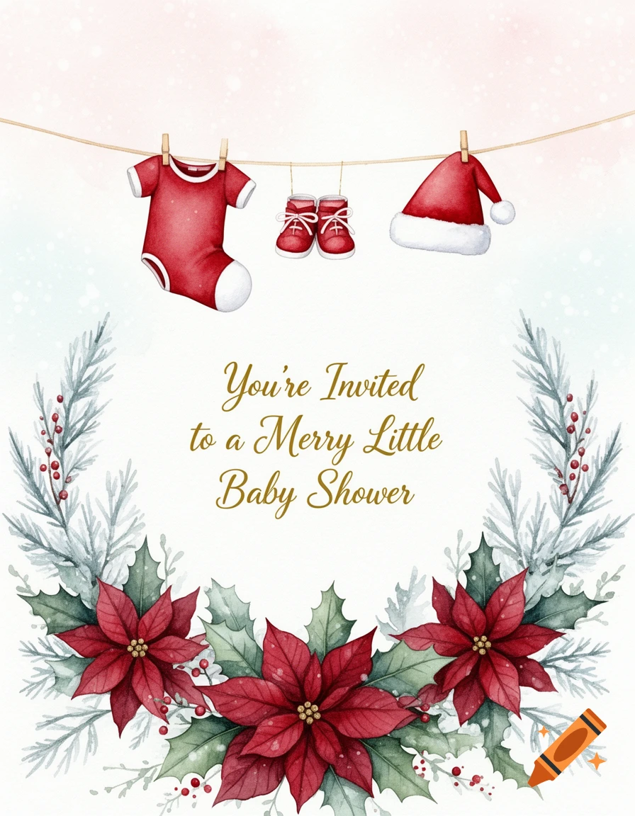 Watercolor Christmas baby shower invitation with a onesie, booties, Santa hat on a clothesline, and poinsettias, featuring the text 'You're Invited to a Merry Little Baby Shower'.