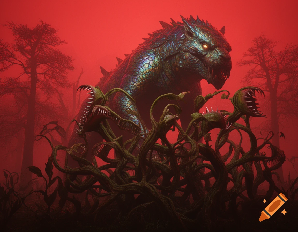 A giant scaly monster with glowing eyes looms behind a tangle of sharp-toothed carnivorous plants in a red, misty forest.