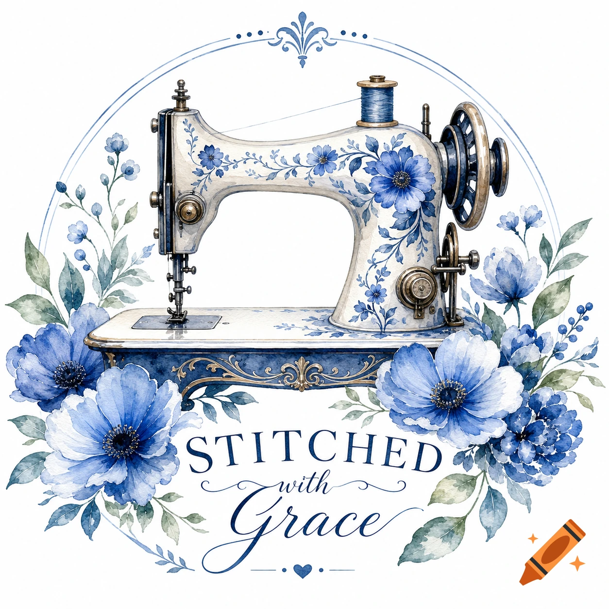 Watercolor logo of a vintage sewing machine with blue flowers and the text 'STITCHED with Grace'.