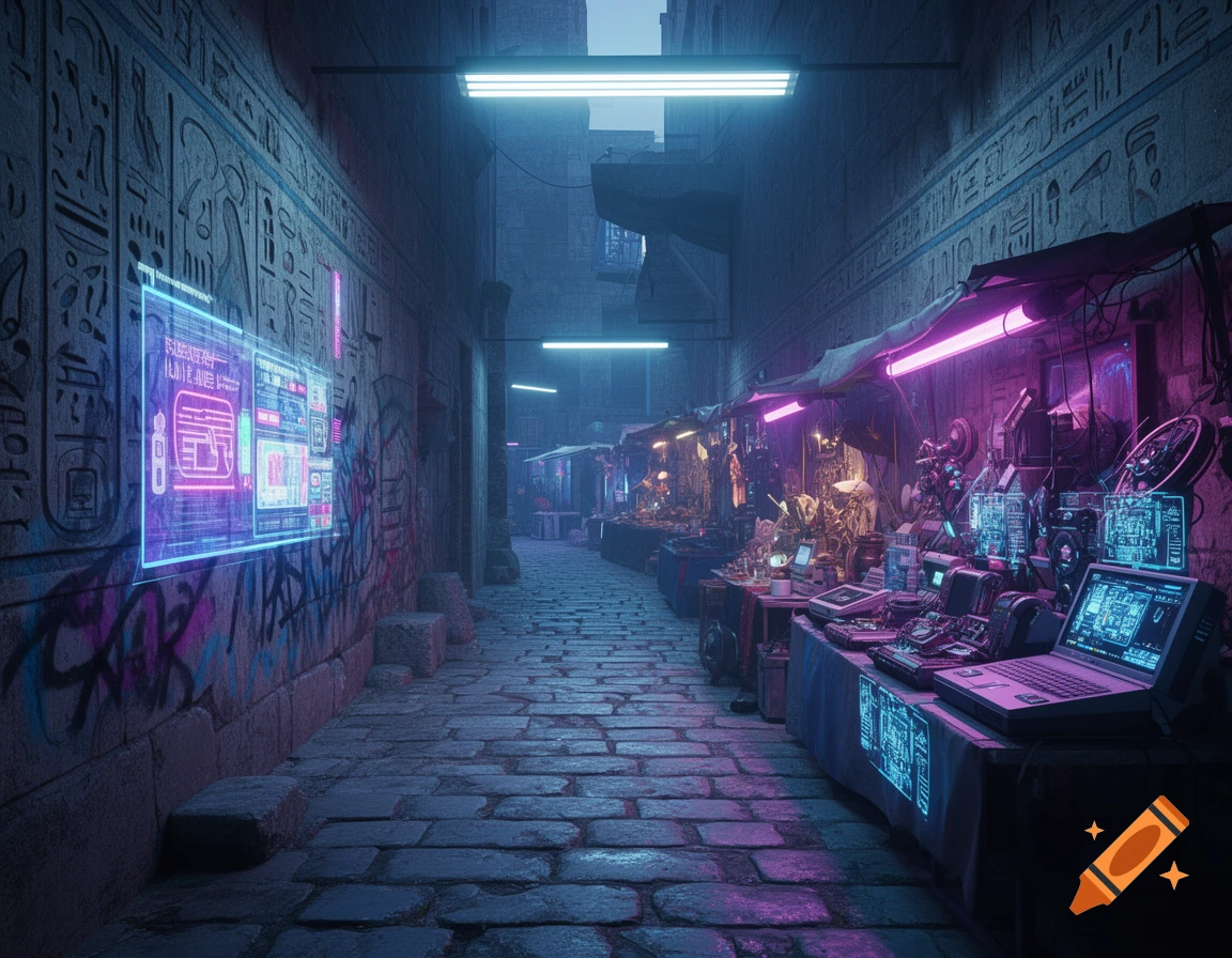 A dimly lit, narrow alley in a cyberpunk city, lined with ancient carved stone walls and neon-lit market stalls selling tech. A large glowing holographic screen is on the left wall.