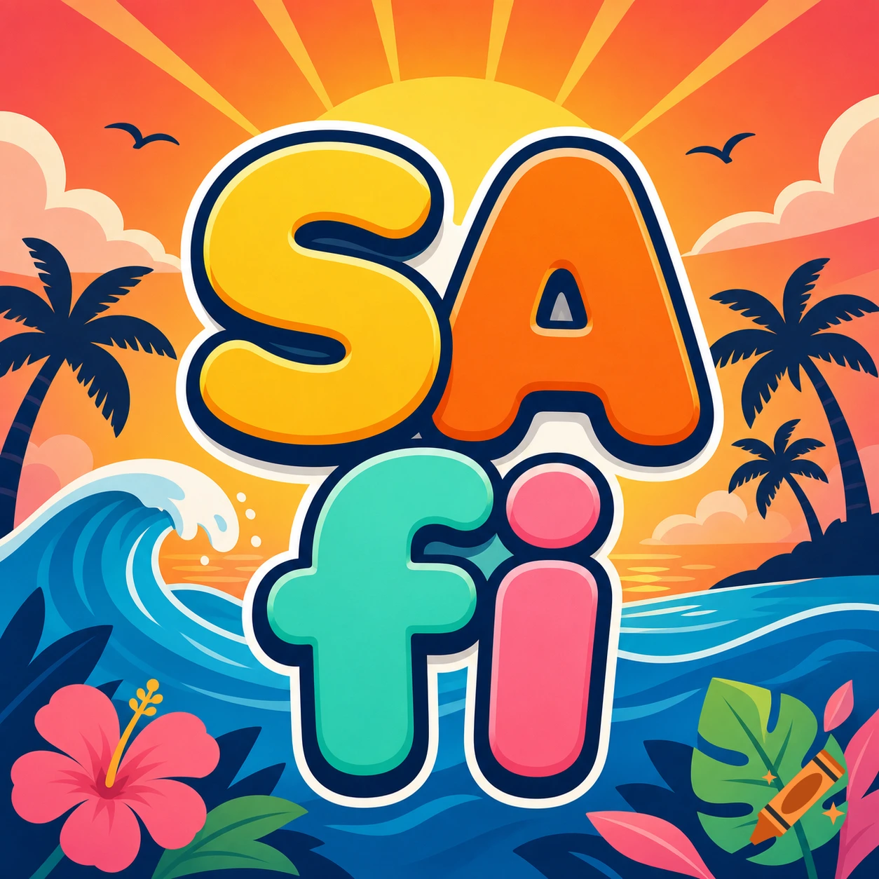 Vibrant cartoon summer logo with bold 'SA fi' text, palm trees, ocean waves, sun, and hibiscus flowers.