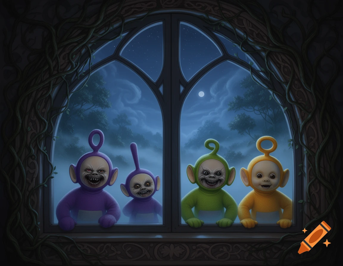 Four monstrous Teletubbies with sharp teeth and red eyes peer through a gothic window at a foggy, moonlit night.