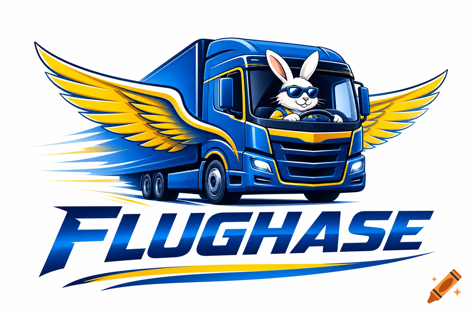 Cartoon logo of a blue semi-truck with golden wings, driven by a white rabbit in sunglasses, over 'FLUGHASE' text.