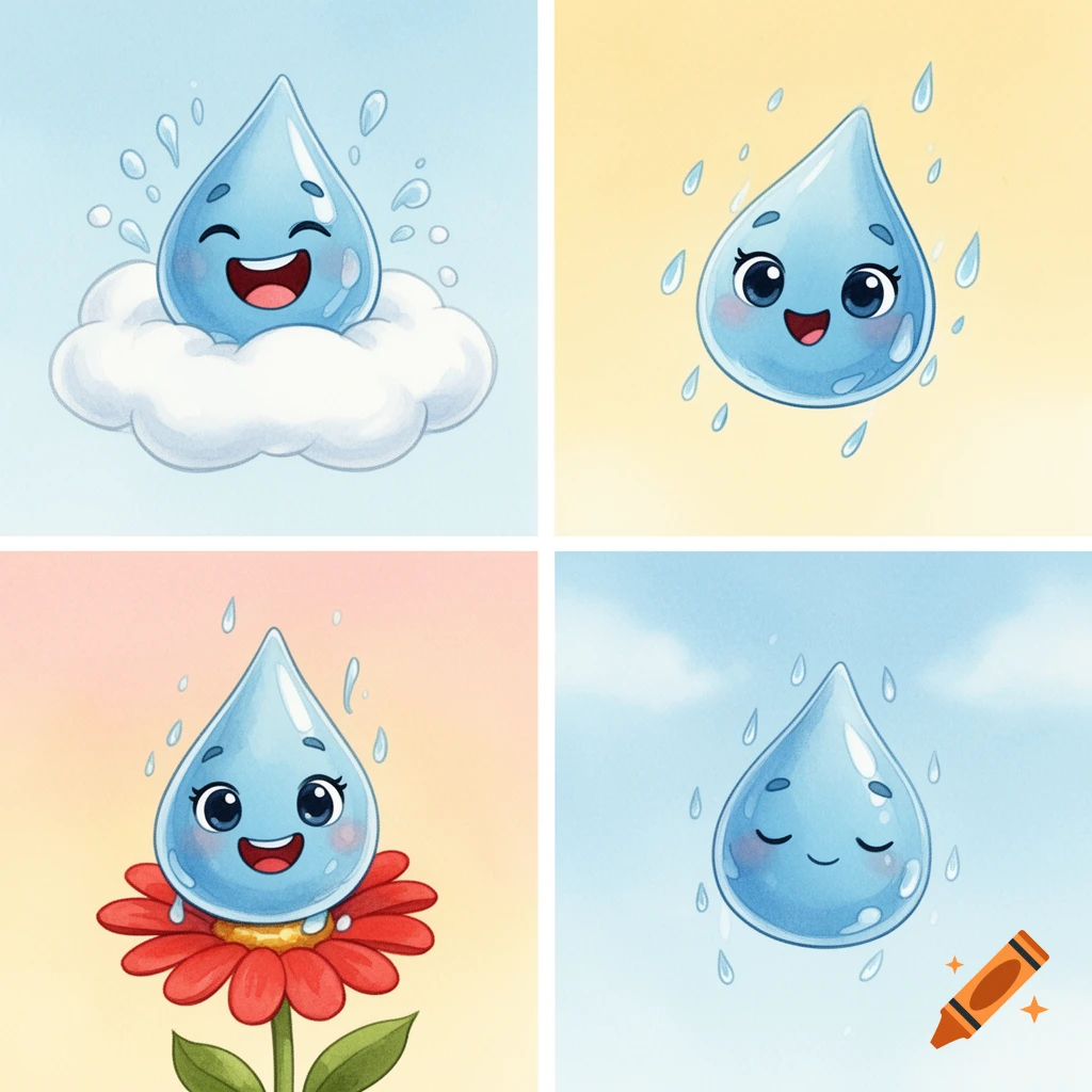 Four watercolor illustrations of a happy cartoon raindrop in different poses and settings, including on a cloud and a flower.