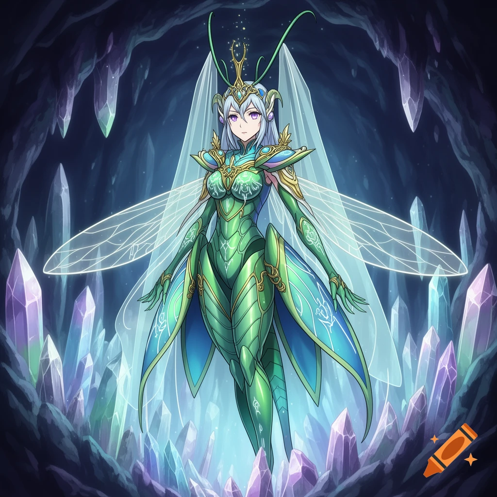 Anime insect queen in green and blue armor with delicate wings stands in a crystal cave.