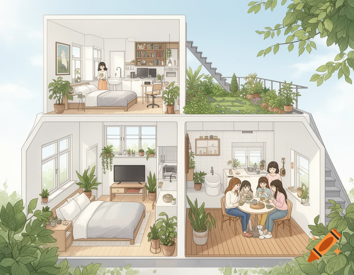 Detailed cutaway illustration of a cozy duplex apartment with a rooftop garden, featuring women relaxing and dining inside.