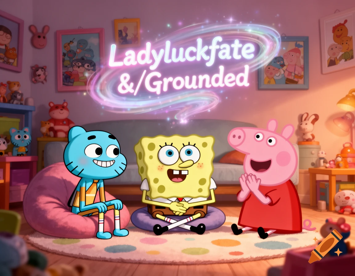 Gumball, SpongeBob, and Peppa Pig sit in a colorful room with glowing text 'Ladyluckfate & Grounded' above them.