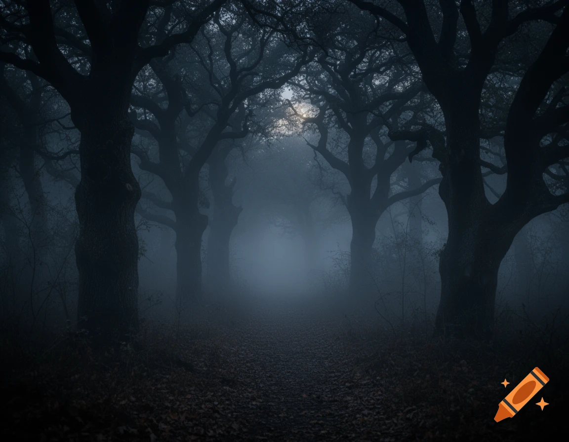 A dark, foggy forest path lined with large, gnarled trees, creating an eerie and mysterious atmosphere.