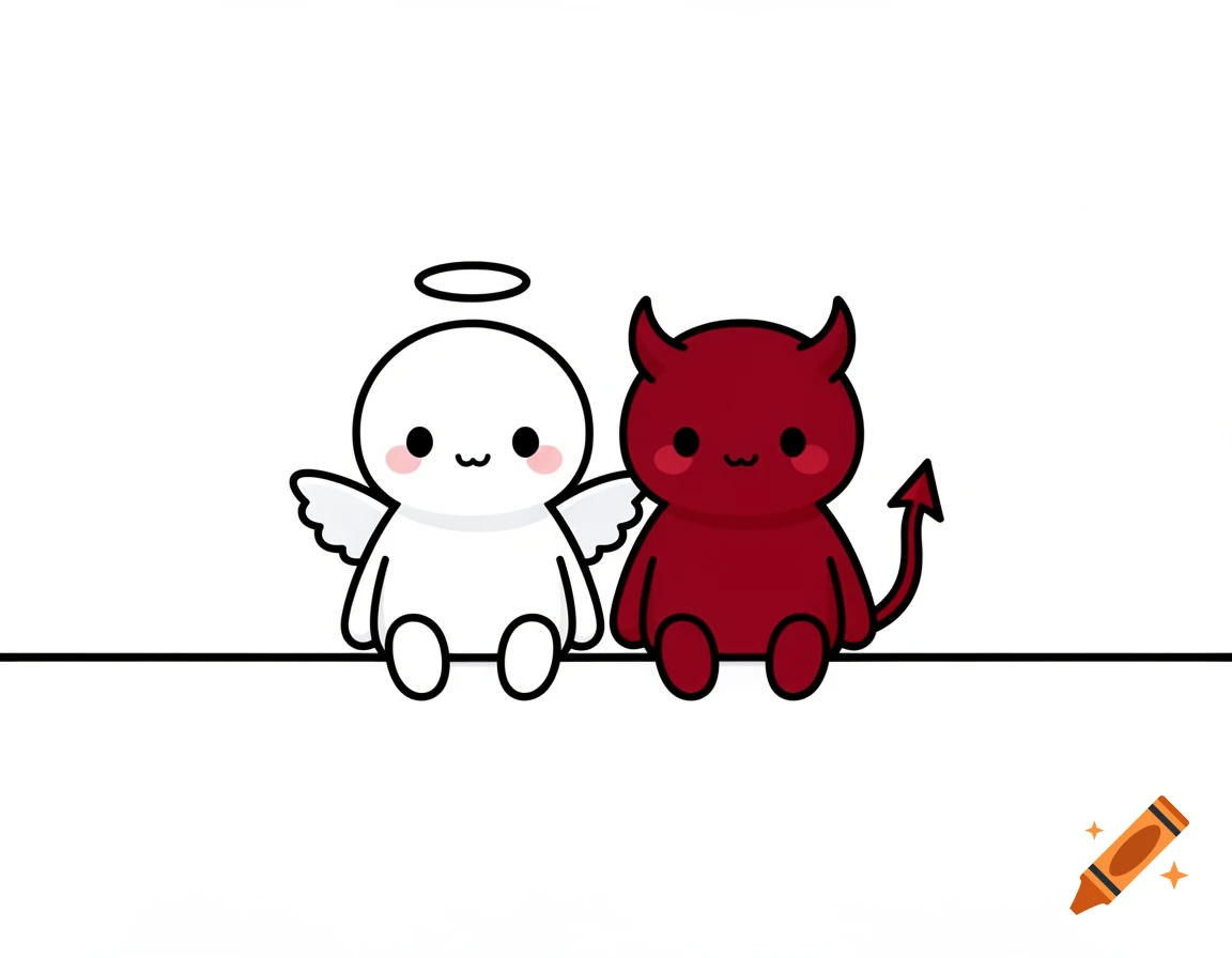 Minimalist cartoon angel and devil figures sitting on a line on a white background.