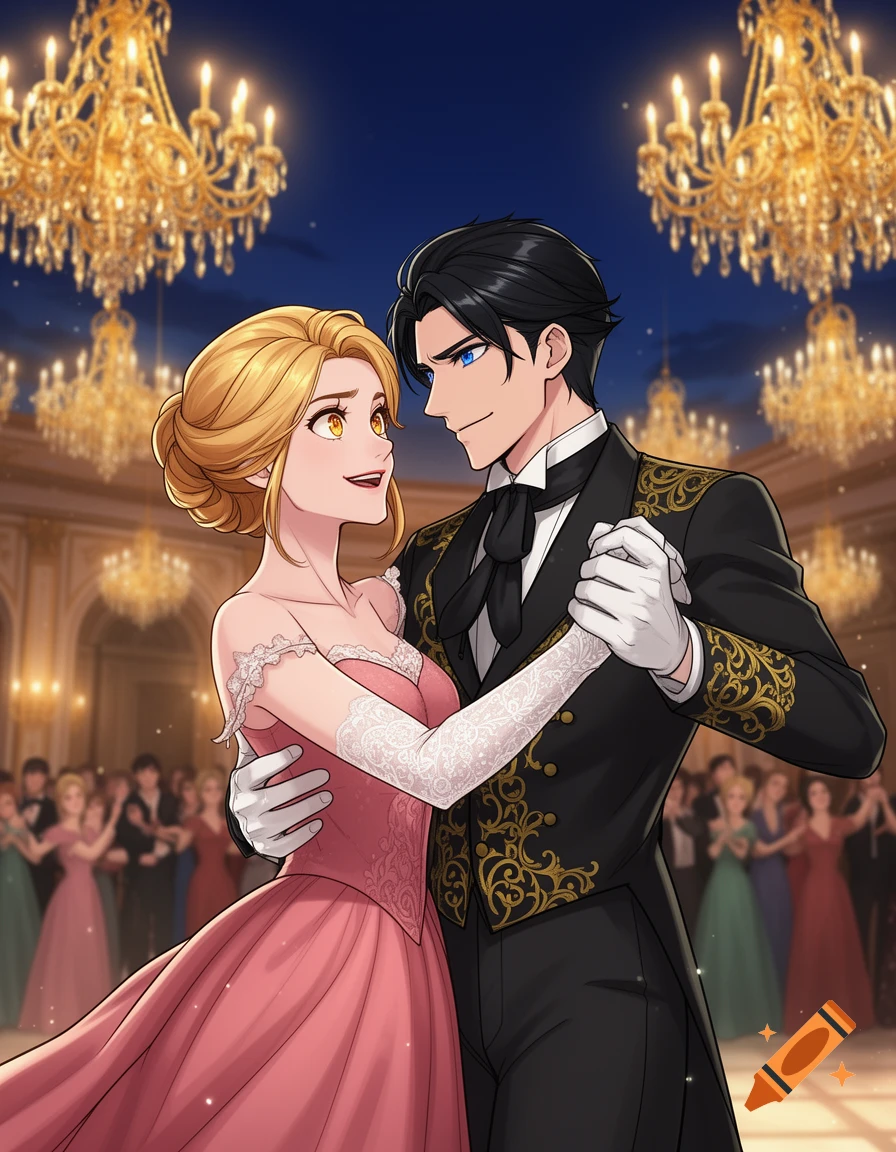 An anime couple in formal attire dances at a grand ballroom under sparkling chandeliers, with other couples blurred in the background.