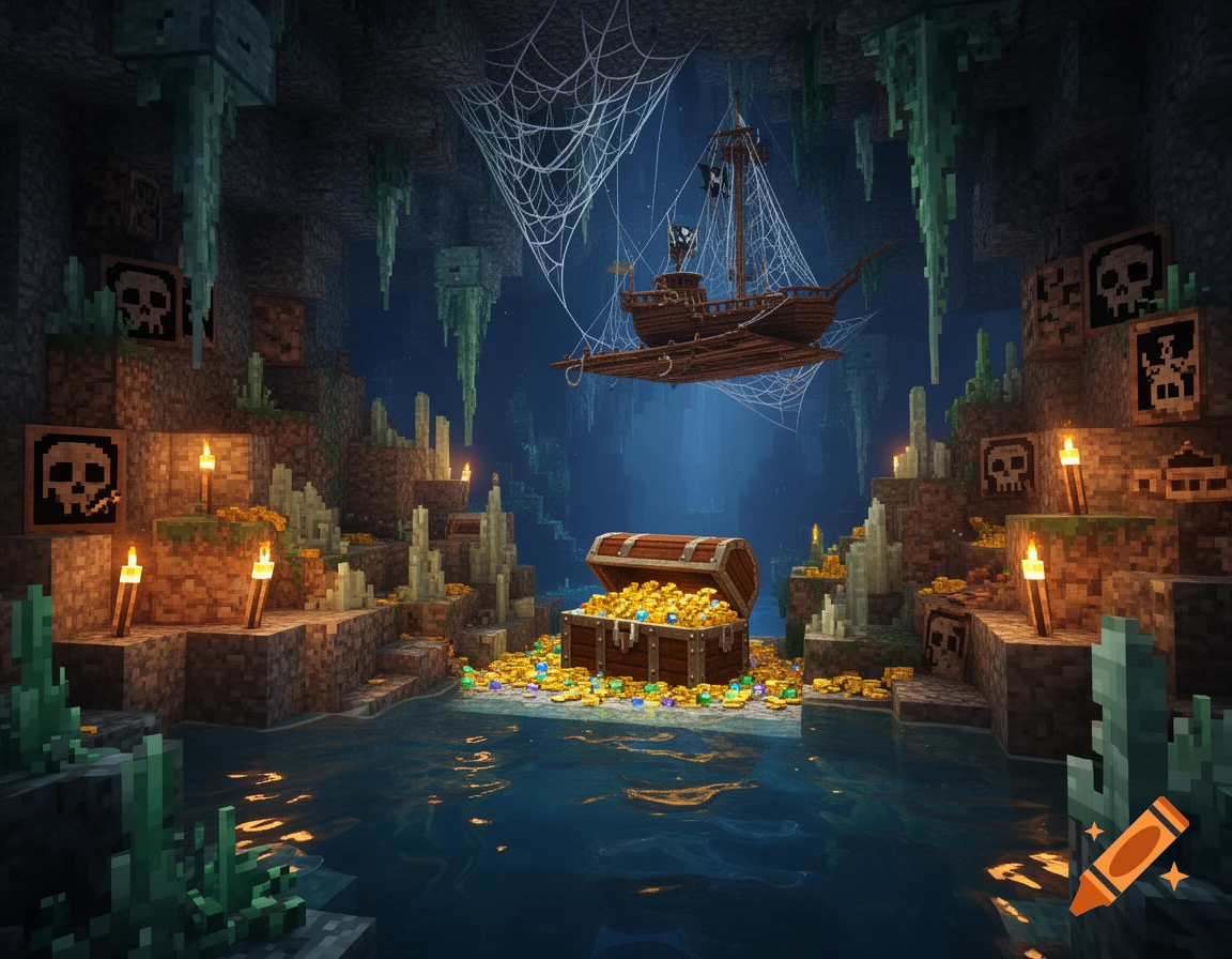 A Minecraft-style pirate cave with a glowing treasure chest full of gold coins in a water-filled grotto, under a floating pirate ship and spiderwebs.
