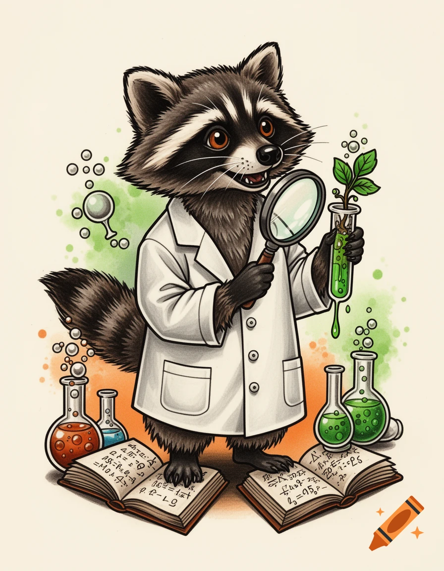 Cartoon raccoon in a white lab coat standing on open books, holding a magnifying glass and a test tube with a green plant, surrounded by beakers.
