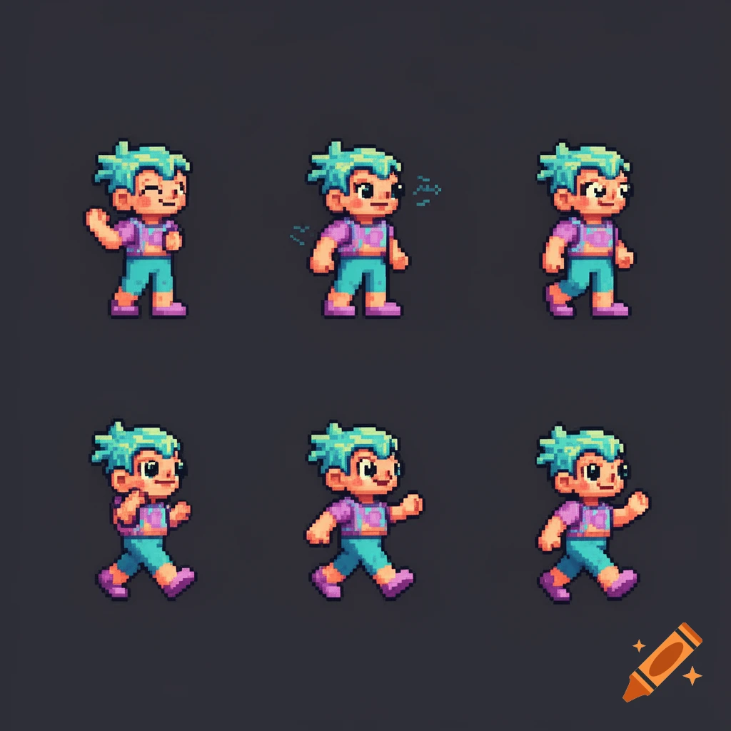 A pixel art spritesheet featuring a character with blue hair and colorful clothing, depicted in an idle pose and multiple walking animation frames on a dark background.