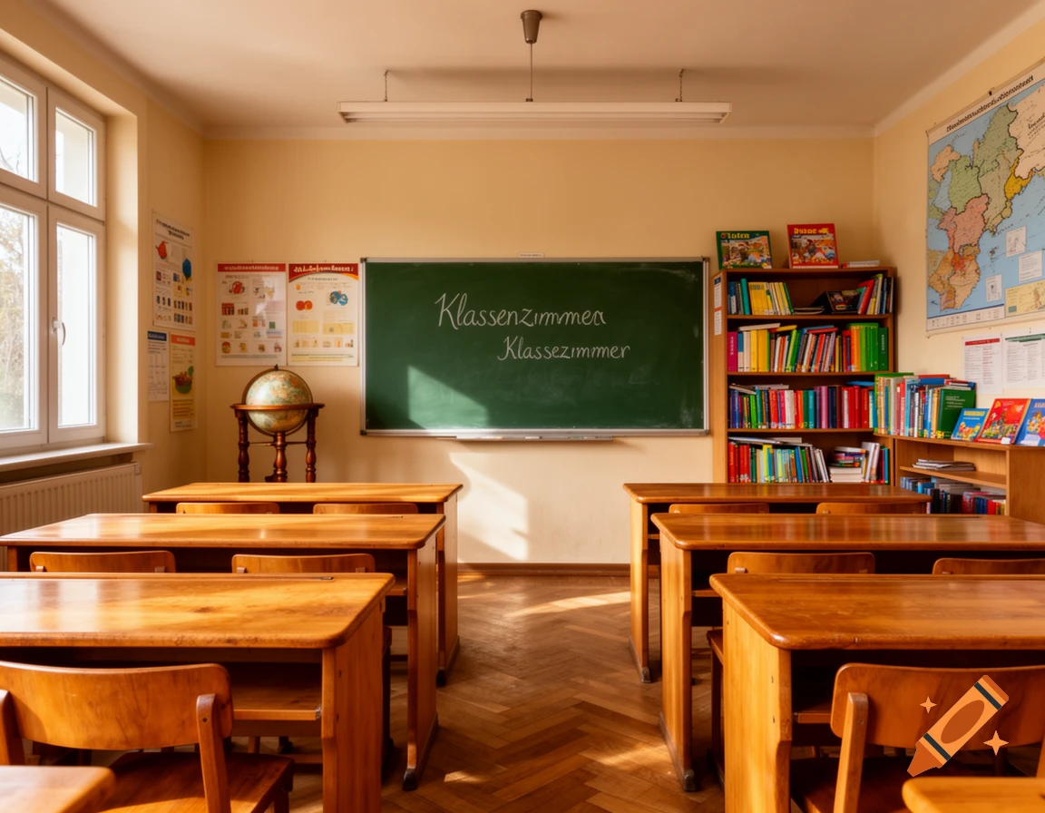 An empty, sunlit classroom with wooden desks, a green chalkboard, a globe, and bookshelves filled with books.