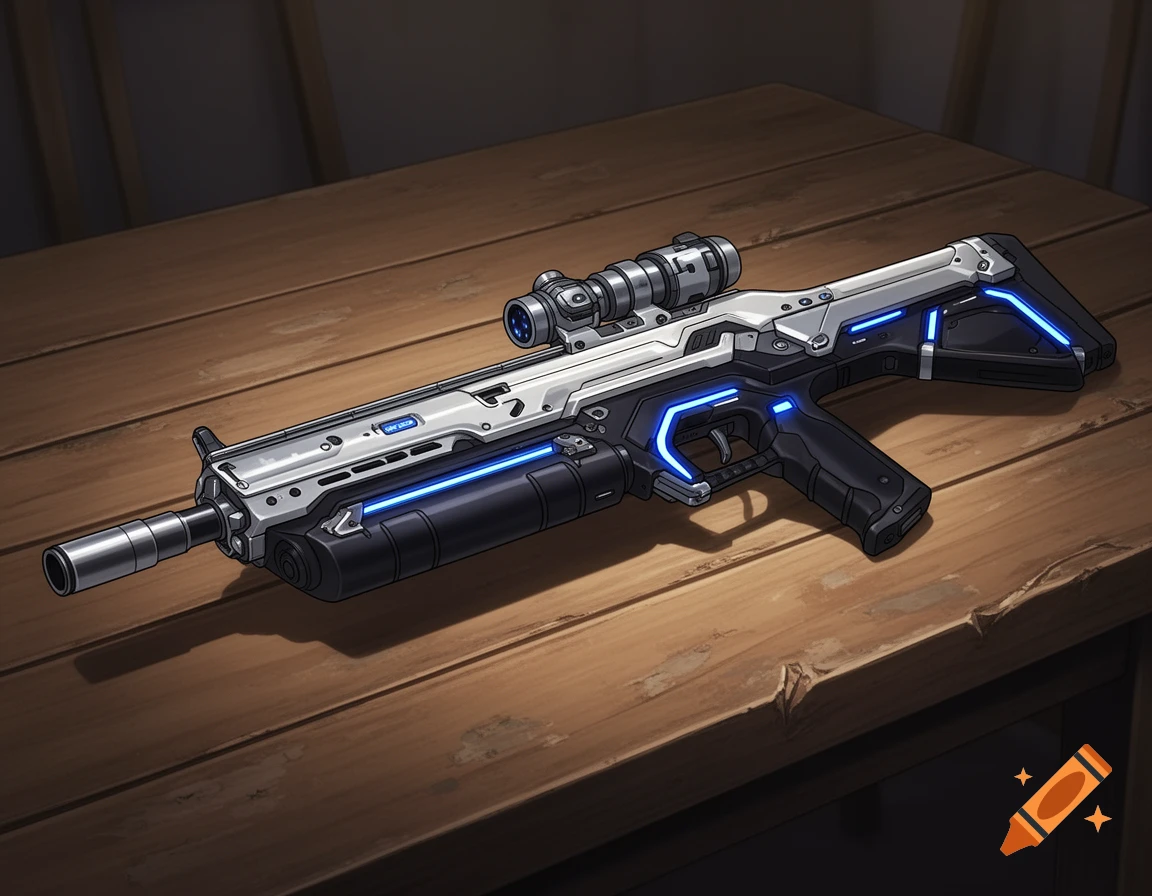 A futuristic rifle with glowing blue accents and a scope, in a realistic anime style, rests on a wooden table.