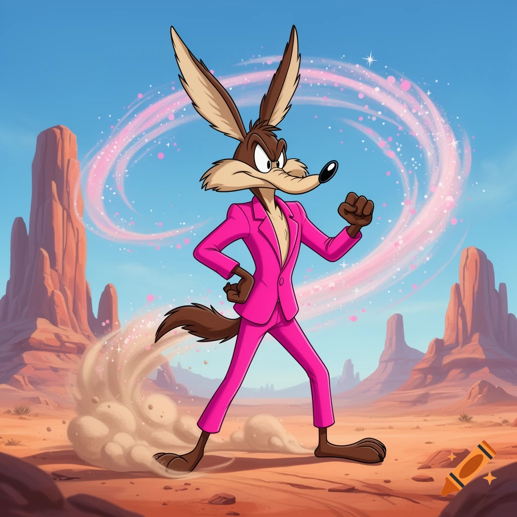 Wile E. Coyote, wearing a bright pink suit, stands in a desert landscape with mesas, with pink sparkly trails in the sky, in a cartoon style.