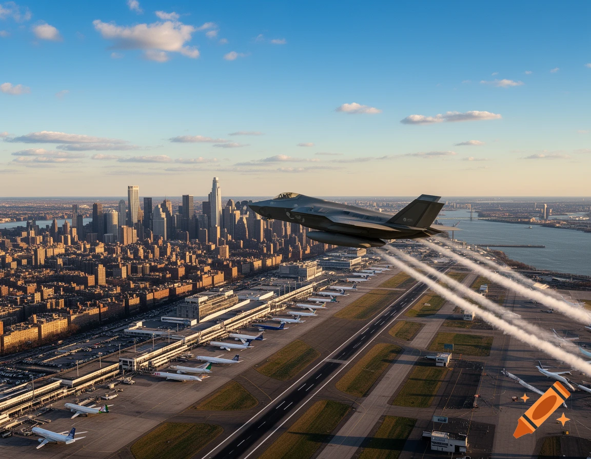 A fighter jet flies low over a commercial airport with many parked planes, set against a backdrop of a city skyline and a river under a clear blue sky.