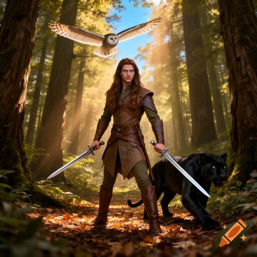 A photorealistic image of a male elf with two swords, standing in a sunlit forest with a black panther, as an owl flies overhead.