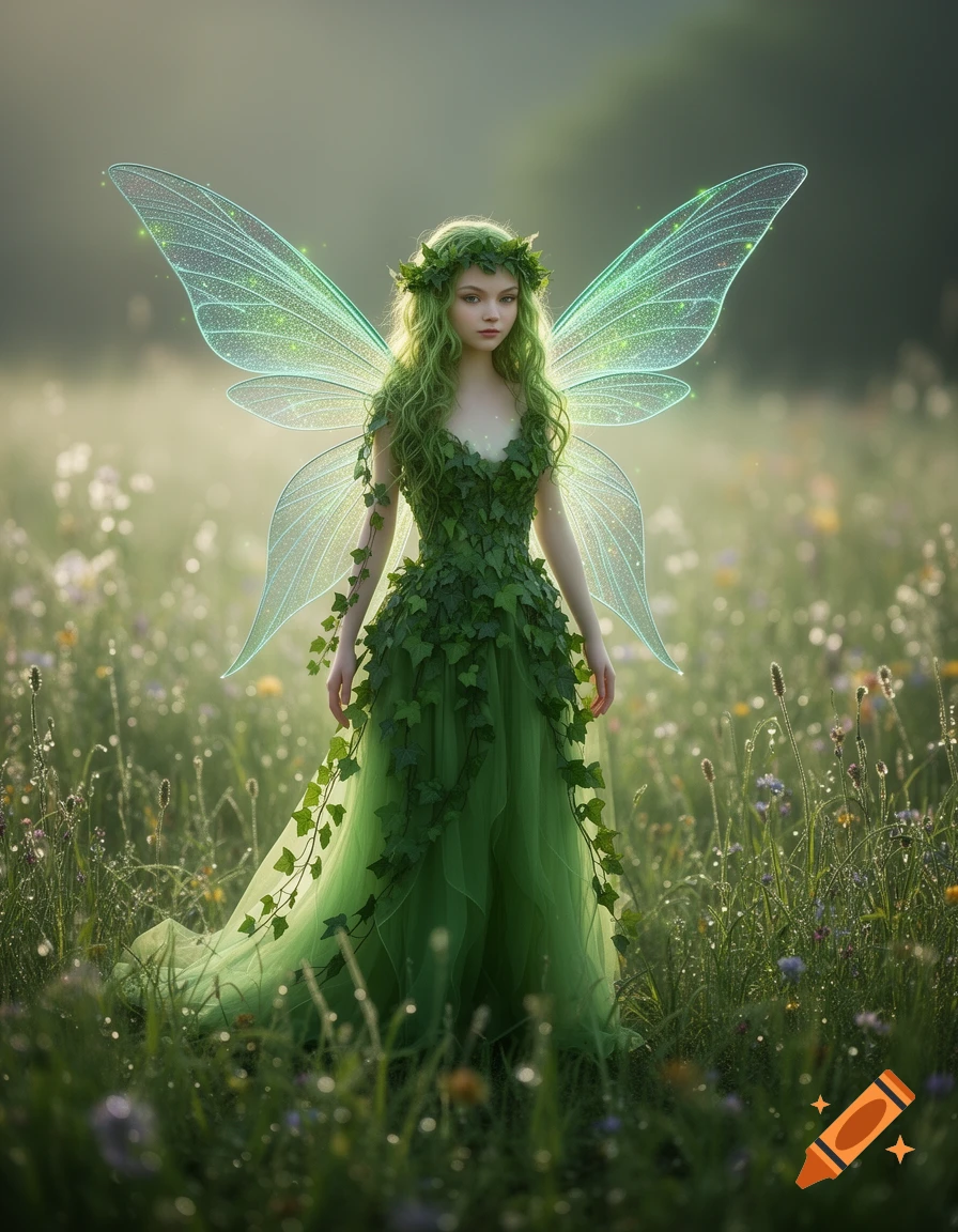 Green-haired fairy with glowing wings and a leafy dress stands in a misty, dewy wildflower field.