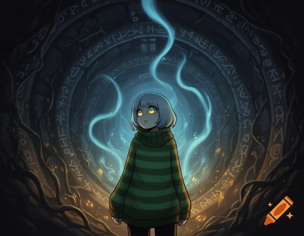 A white-haired anime character in a green striped sweater stands in a dark, circular chamber with glowing runes and roots. Blue light emanates from above.
