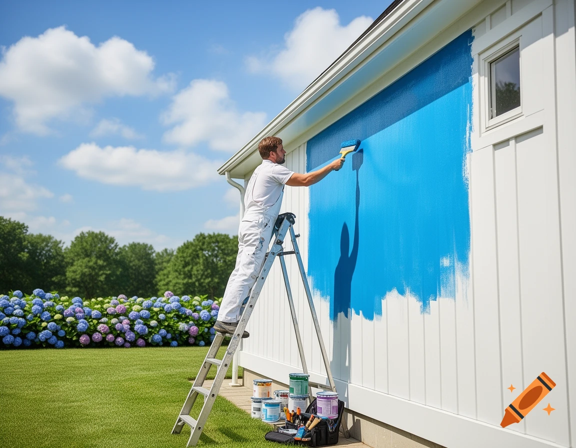 A man on a ladder paints a white house blue on a sunny day, with a green lawn and blooming hydrangeas in the background.