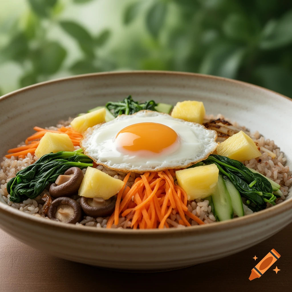 A photorealistic close-up of a bowl of bibimbap topped with a fried egg, carrots, spinach, mushrooms, cucumber, and pineapple cubes on rice.