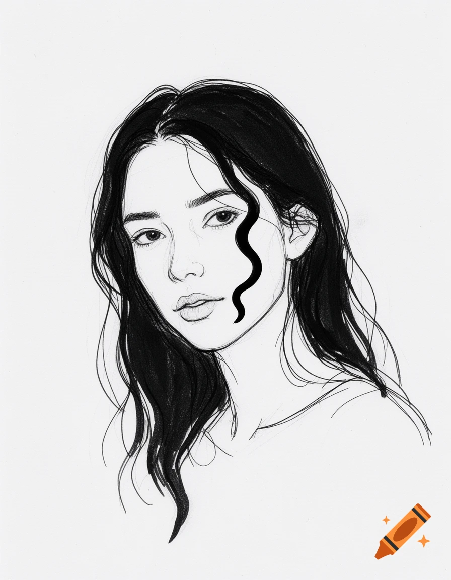 Black and white line art portrait of a young woman with dark wavy hair and a prominent black curl on her face, in a sketchy style.