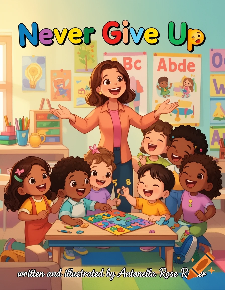 Cartoon illustration for a children's book cover shows a diverse group of happy kindergarteners and their teacher in a classroom. The title 'Never Give Up' is at the top, and 'written and illustrated by Antonella Rose Romer' is at the bottom.