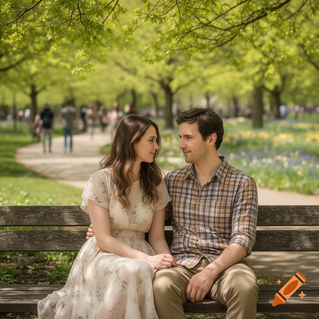 A man and woman sit on a park bench, looking at each other affectionately, with lush green trees and flowers in the background.