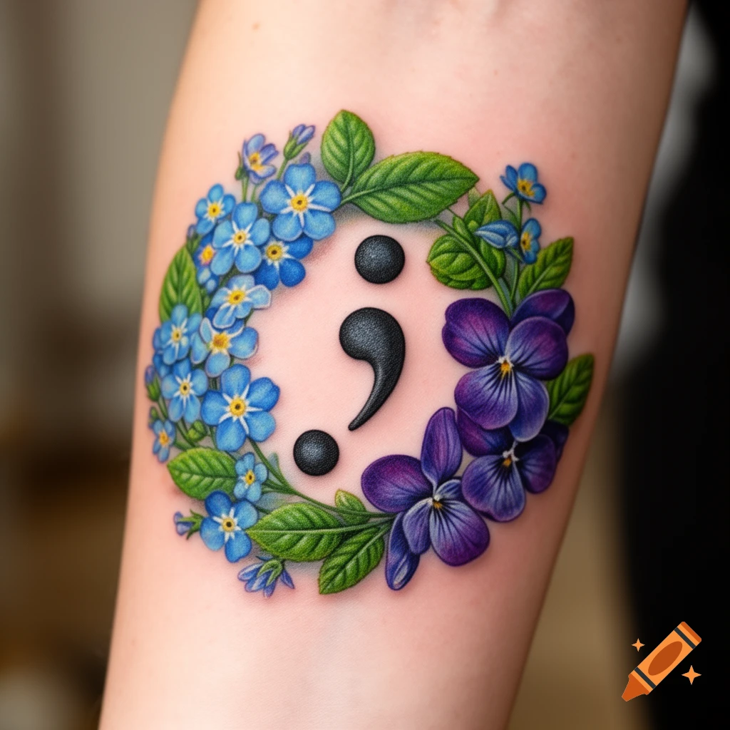 A realistic semicolon tattoo with blue forget-me-nots and purple pansies, encircled by green leaves, on a person's arm.