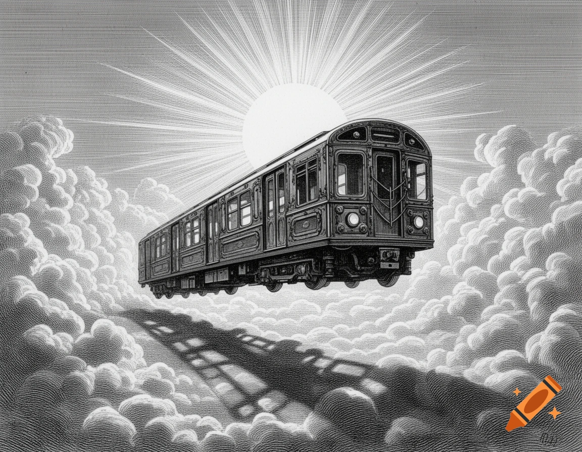 A monochrome engraving shows a subway train flying above clouds towards a bright sun, casting a shadow below.
