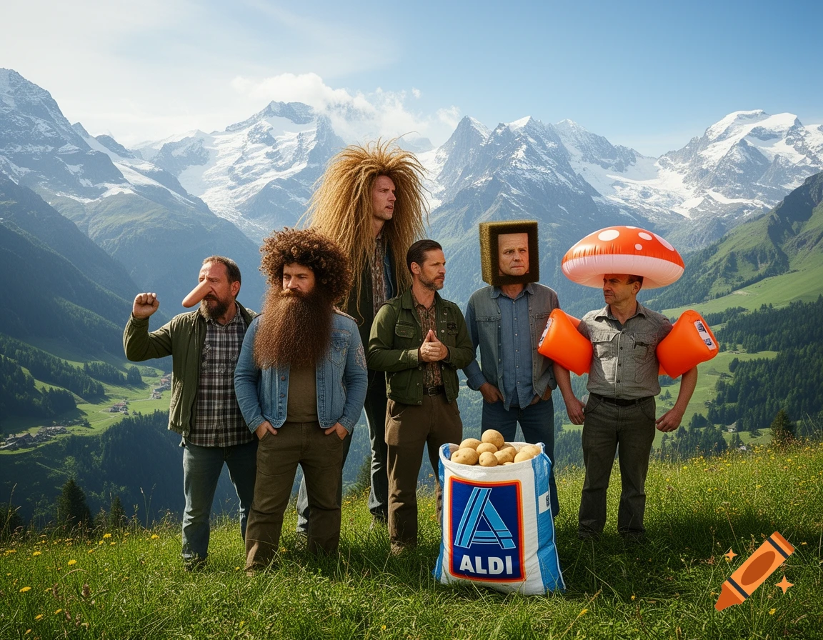 Five men in comical costumes, including one with a carrot nose and another with a mushroom hat, stand in a sunny alpine meadow next to an Aldi bag of potatoes.