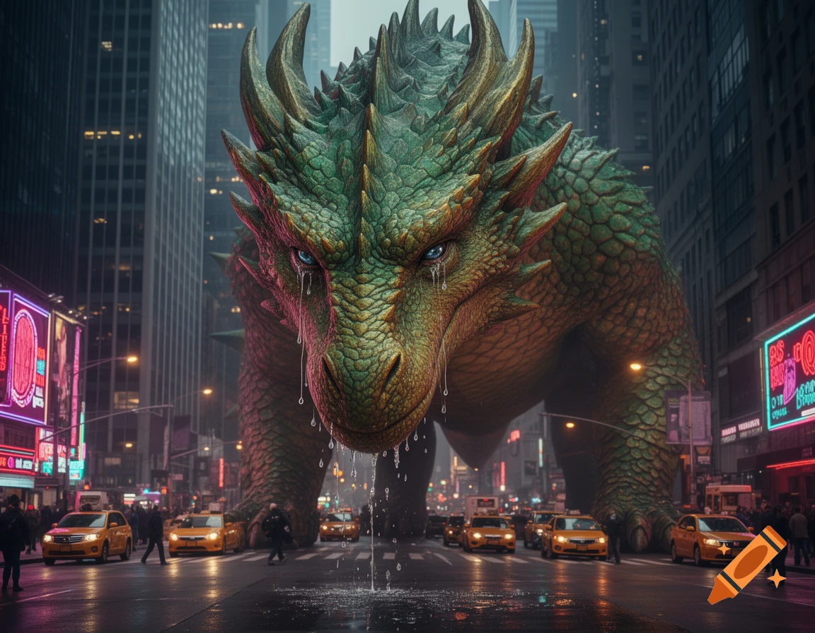 A giant, sad green dragon cries in a bustling city street with neon signs and taxis.