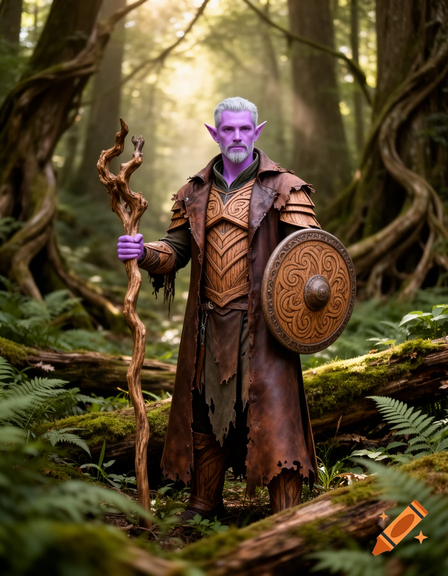 A male elf Druid with purple skin and gray hair, wearing leather armor, holding a staff and shield in a sunlit forest.