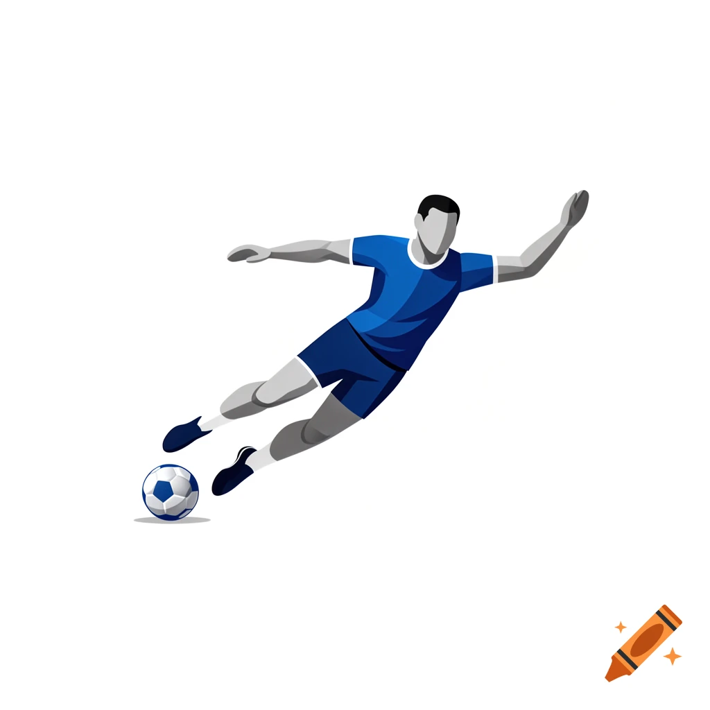 Stylized illustration of a male soccer player in a blue uniform diving to kick a ball.