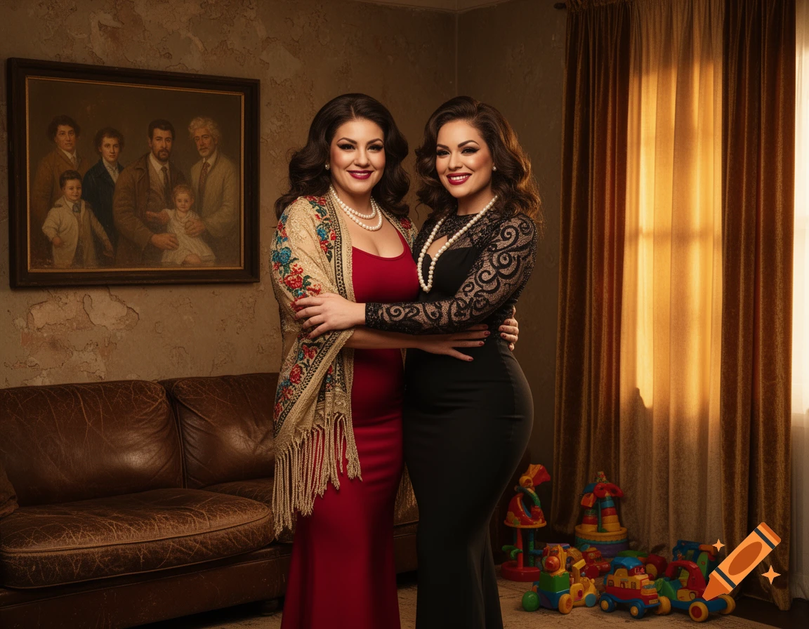 Two women in elegant dresses, one red and one black, embracing in a vintage living room with a family portrait.