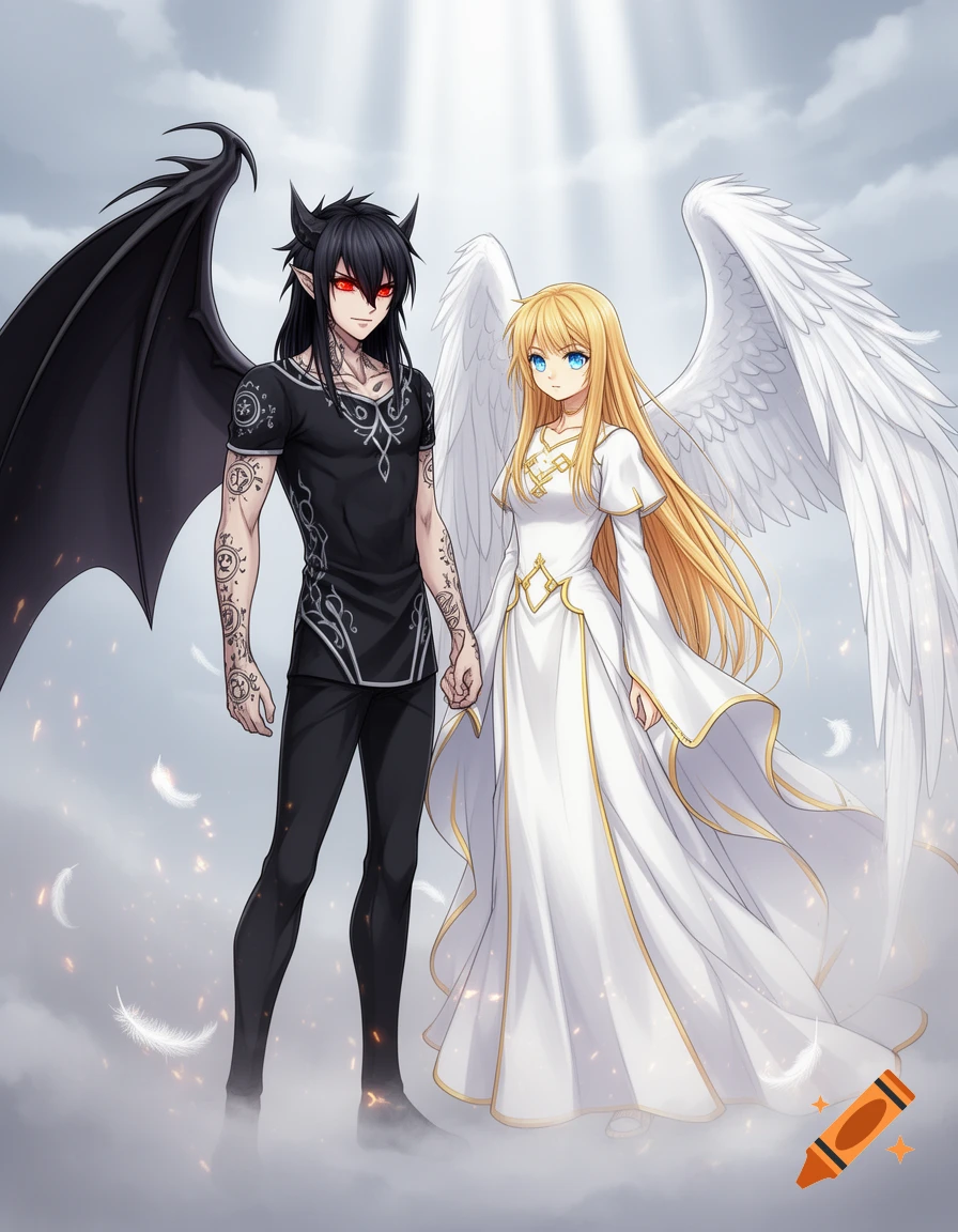 Manga style demon boy and angel girl holding hands, standing amidst floating feathers in a cloudy sky.