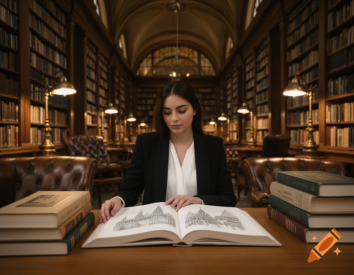 A young woman sits at a wooden table in a grand library, looking at an open book displaying architectural drawings.