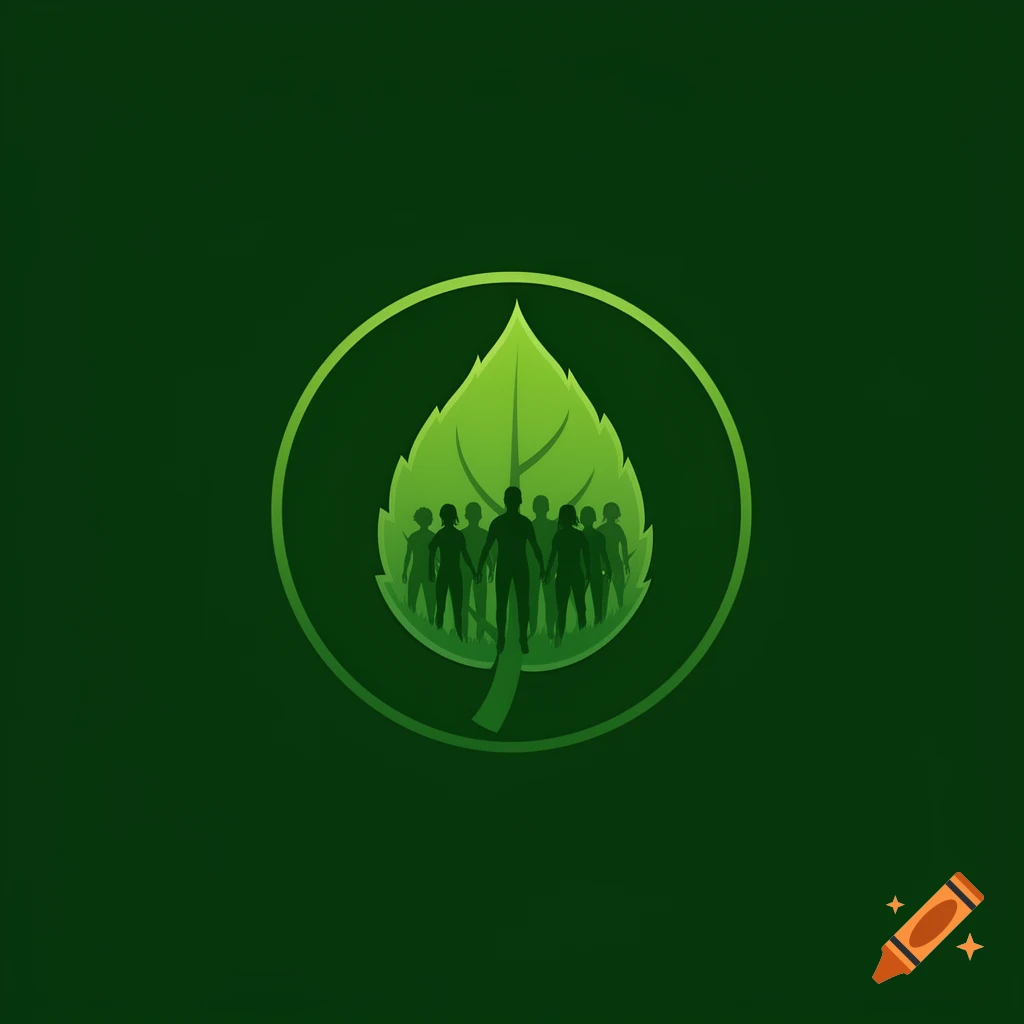 Green logo featuring human silhouettes inside a leaf, all within a circle on a dark green background.