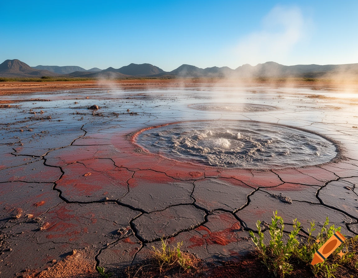 Wide shot of a cracked, reddish mud plain with bubbling hot mud pits steaming under a clear blue sky, distant mountains.