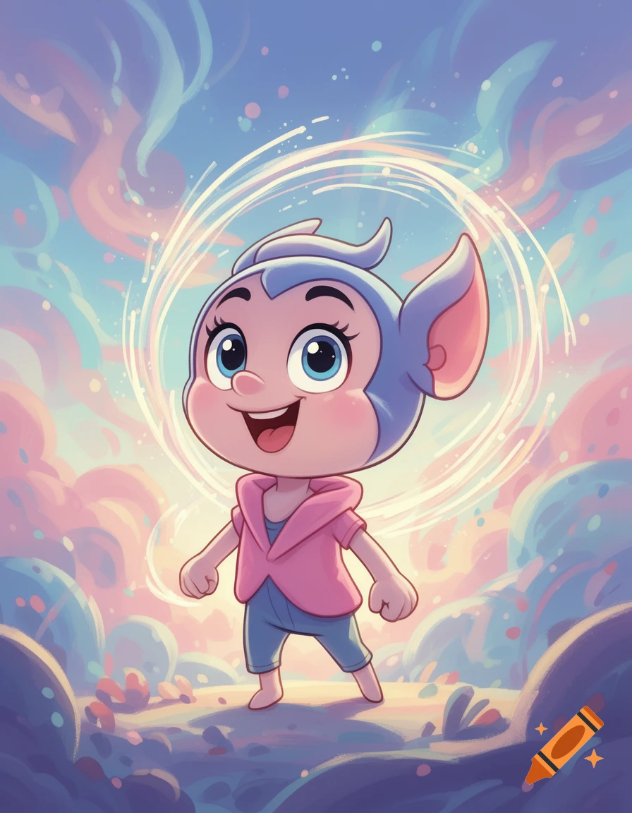 A cute blue-headed cartoon character with large eyes and pink jacket stands smiling in a whimsical pastel landscape with a glow.